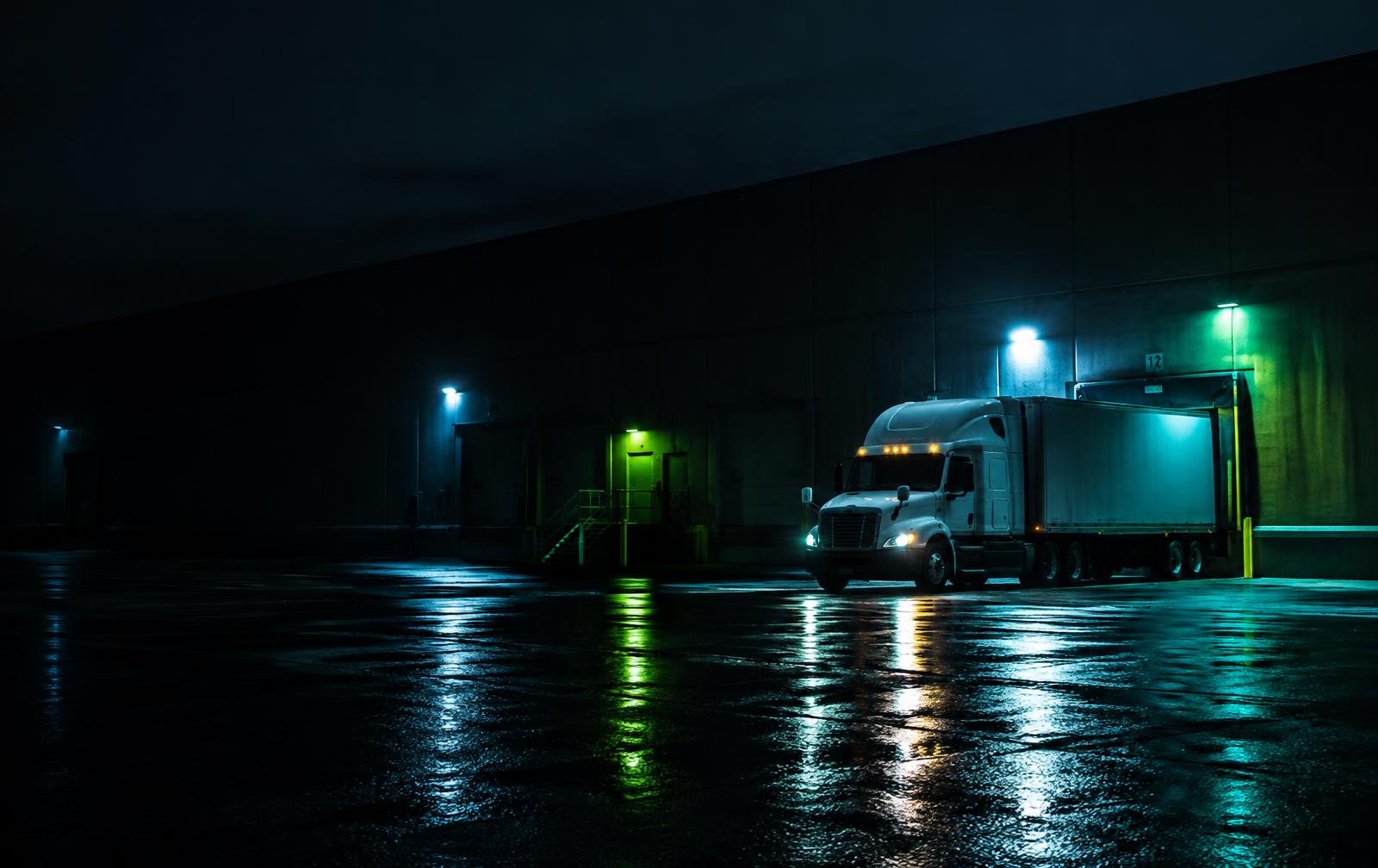 Truck waiting at a loading dock at night